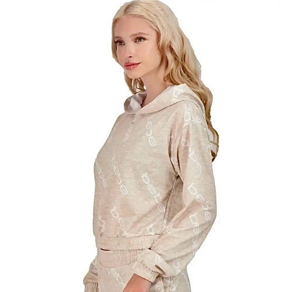 BEBE MSRP $70 Logo Printed Cropped Pullover Hoodie in Beige/White - Picture 2 of 6